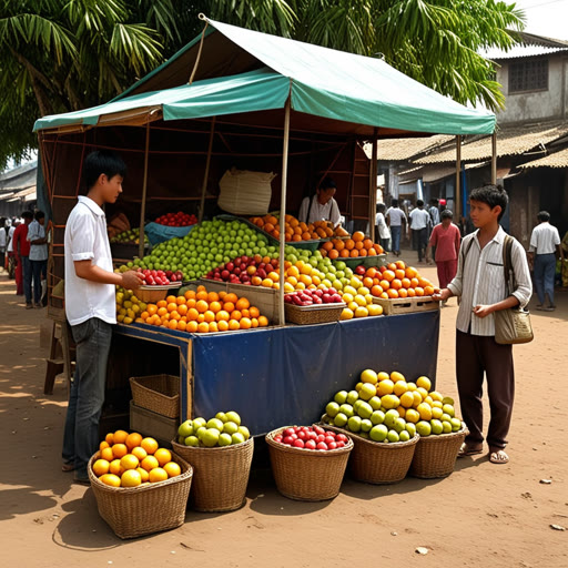 កាលពីបុរាណមួយ មានភូមិមួយស្រឡាញ់ក្មេងម្នាក់ឈ្មោះសាំ មានកន្លែងលក់ផ្លែឈើតូចមួយ។ មួយថ្ងៃឡើងក្តៅ កម្ពស់ក្តៅ​បានធ្វើឲ្យកន្លែងលក់របស់គាត់ឈប់ ហើយគាត់មិនអាចលក់អ្វីបានទេ។ ناگរ នៅកន្លែងនោះ មានអ្នកធ្វើដំណើរម្នាក់បានចូរ​ឮនិងផ្តល់យុទ្ធសាស្ត្រតទៅលាក់ស្តានផ្លែឈើ។ ដោយធ្វើតាមយុទ្ធសាស្ត្រនោះ សាំបានរកឃើញផ្លូវដែលរវជា និងបានដាក់បញ្ចូលកន្លែងលក់នៅទីនោះ។ ផ្លែឈើរបស់គាត់ត្រូវបានលក់យ៉ាងรวន ដោយសារតែការត្រលប់សម្រាប់កញ្ចង់សង្គិតរបស់គាត់។